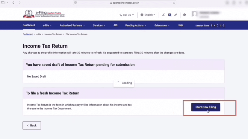 Step 2: Start New Filing & Select ITR Form
