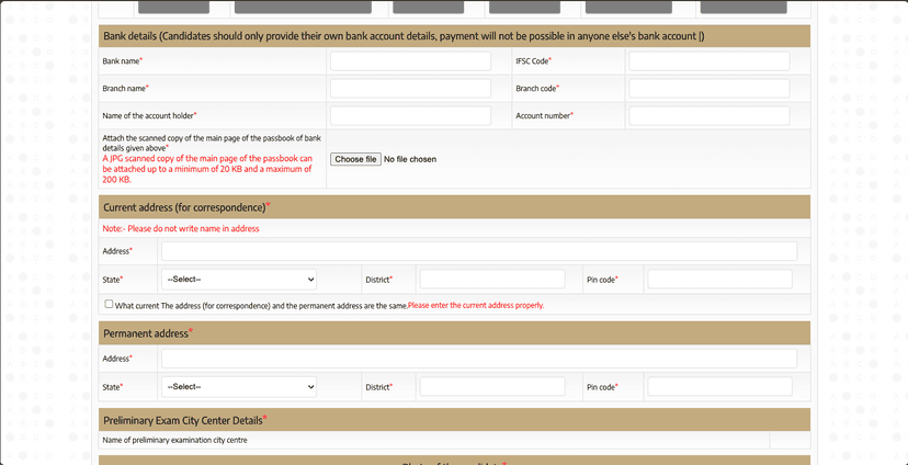 Step 4: Bank Details, Address & Exam City
